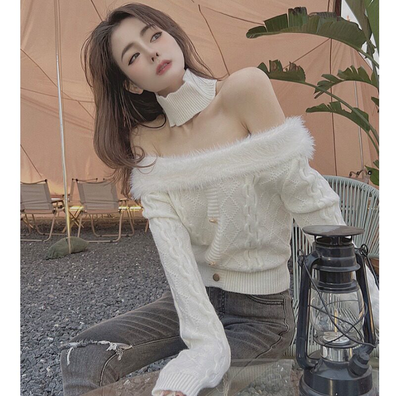 网红直播衣服甜美女主播上镜性感气质一字肩纯欲风针织衫短款毛衣