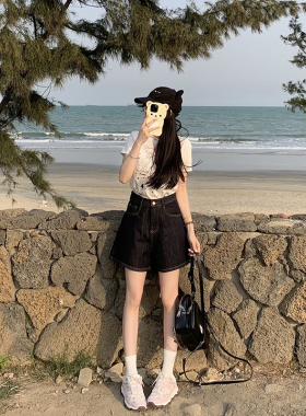 艾恩晟 深蓝色牛仔短裤女四分裤 原色牛仔宽松A字夏季薄款显瘦