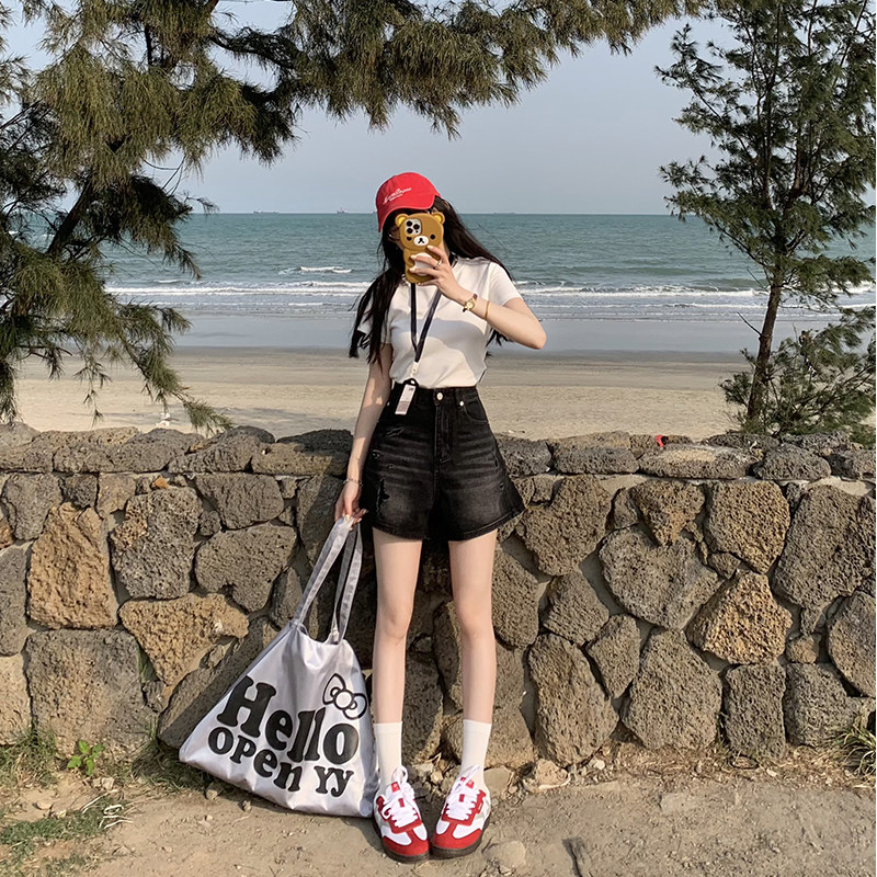 艾恩晟 牛仔短裤黑色女显瘦宽松磨破设计街拍博主INS风复古风四分