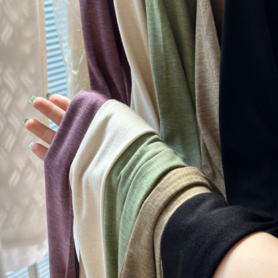 新款桑蚕丝天丝不规则弧形下摆软糯弹力舒适圆领长袖T恤打底衫女