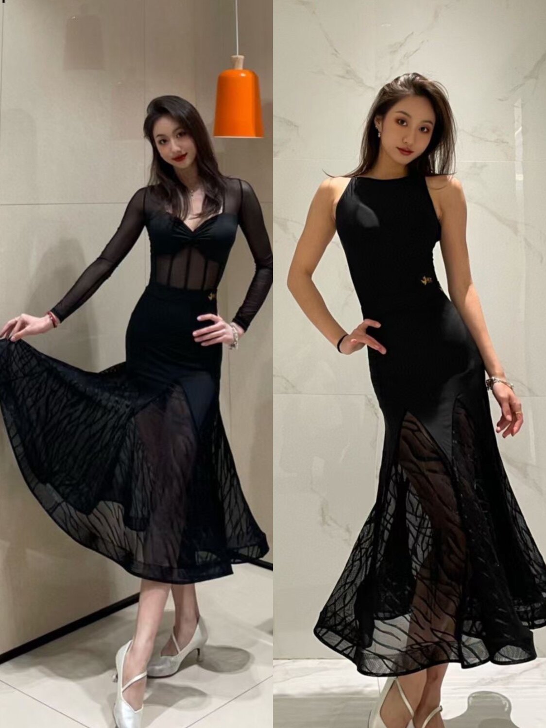 鲸艺摩登舞服黑色套装长袖无袖网纱上衣国标长款鱼骨欧根纱半身裙