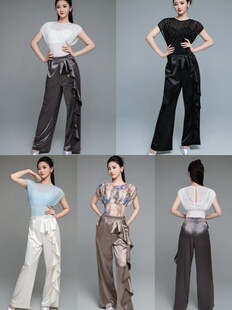 鲸艺摩登舞服烫钻短袖上衣绸缎裤子阔腿裤黑白蓝灰香槟色艺考表演