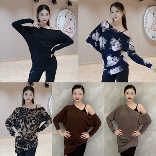 JIA拉丁舞服秋冬斜肩长袖上衣罩衫女练舞教课黑棕灰色印花豹纹
