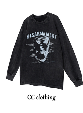 美式街头复古字母骷髅头印花水洗做旧长袖潮牌男女宽松百搭上衣