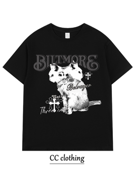 美式高街小猫创意字母印花T恤潮牌高街纯棉男女学生圆领宽松短袖