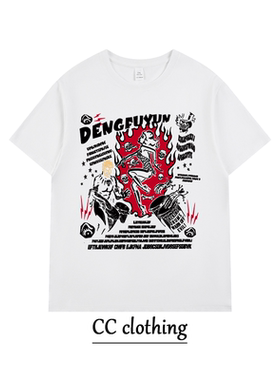 美式高街亚比风创意印花T恤潮牌高街纯棉男女学生圆领宽松短袖