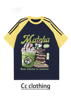 美式休闲撞色插肩T恤雪顶小狗纯棉圆领宽松重磅短袖嘻哈男女上衣