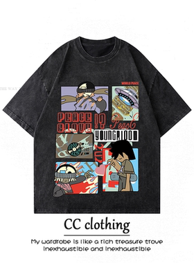 美式小众复古卡通人物重磅水洗做旧潮牌短袖T恤青少年百搭上衣