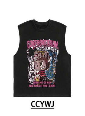 美式复古高级感宽松260克纯棉圆领重磅男女同款背心拉布布印花