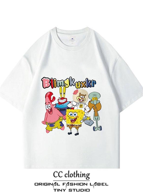 美式小众街头ins休闲卡通动漫海绵宝宝创意印花纯棉圆领短袖