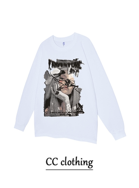 美式潮牌暗黑系女人印花T恤潮牌纯棉男女学生圆领百搭宽松长袖