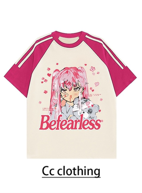 美式休闲撞色插肩T恤女孩印花纯棉圆领宽松重磅短袖嘻哈男女上衣