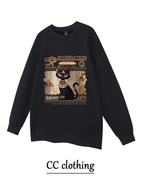 美式纯色秋冬季黑色猫咪纯色加绒卫衣印花男女百搭宽松上衣