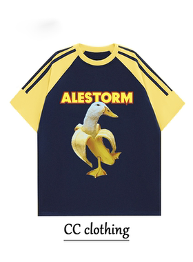 美式休闲撞色插肩T恤香蕉鸭纯棉圆领宽松重磅短袖嘻哈男女上衣