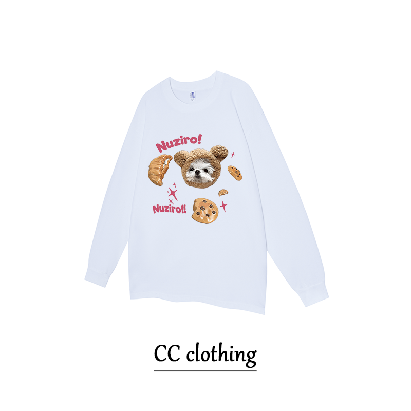 美式小众街头小狗曲曲饼干创意印花纯棉圆领长袖男女潮牌百搭上衣