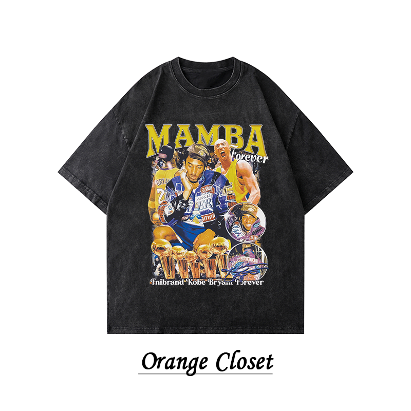 美式复古NBA球星MAMBA印花短袖T恤男女水洗做旧宽松篮球潮牌上衣