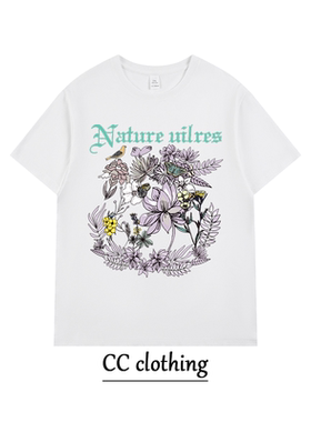 美式休闲花卉字母创意印花T恤潮牌高街纯棉男女学生圆领宽松短袖