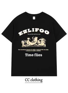 美式街头休闲创意印花T恤潮牌高街纯棉男女学生圆领宽松短袖