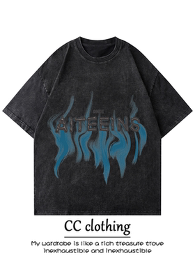 欧美街头小众个性蓝色火焰字母印花水洗做旧短袖潮牌高街复古体恤