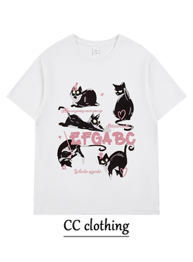 美式休闲黑色猫咪创意印花T恤潮牌高街纯棉男女学生圆领宽松短袖