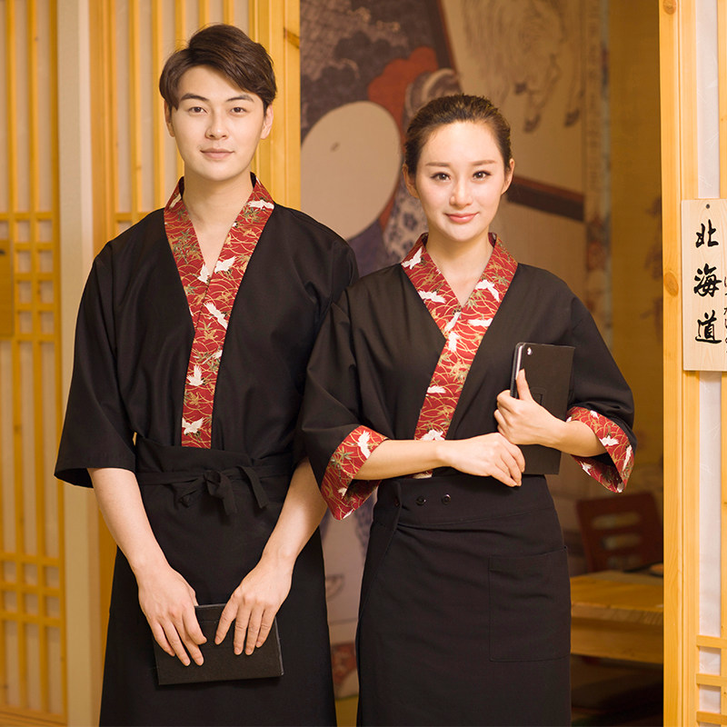 日本餐厅服务员工作服居酒屋寿司日式料理传统系带工作服男女黑色