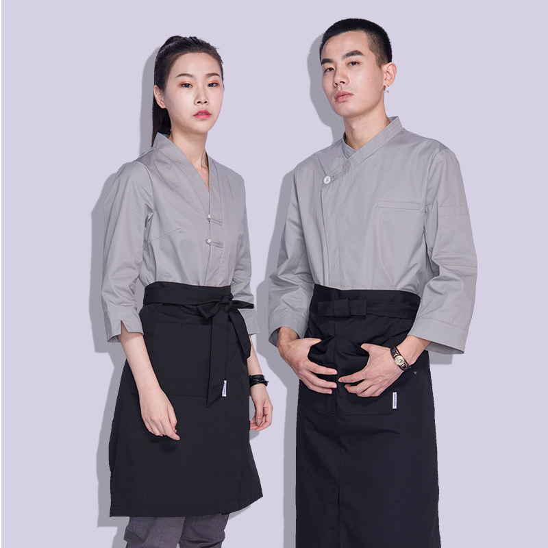 2024纯棉中式盘扣厨师工作服银灰茶楼茶馆中餐厅服务员工作服中袖,女装/女士精品,酒店工作制服,淘宝优惠券,粉丝福利购,淘宝优惠卷