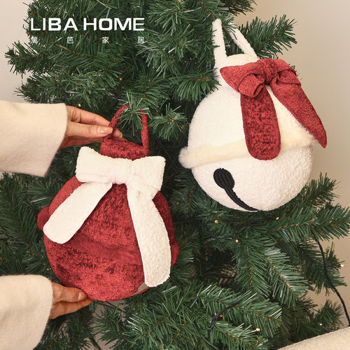 圣诞红色铃铛抱枕圣诞树氛围节日装饰白色蝴蝶结异形毛绒抱枕