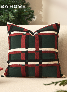 高级绿色方格子节日装饰抱枕毛线绣红色装饰简约客厅沙发靠背靠枕
