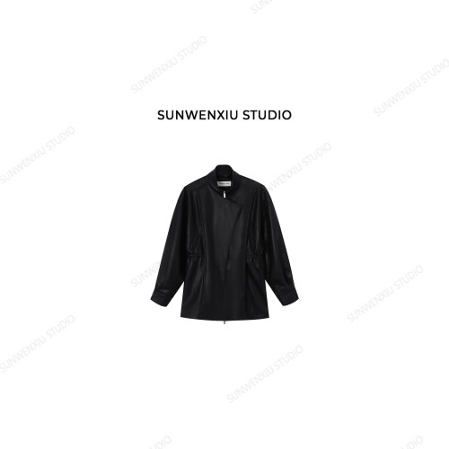 孙文秀studio 女明星皮衣 春季新款黑色酷飒立领设计感收腰皮衣62