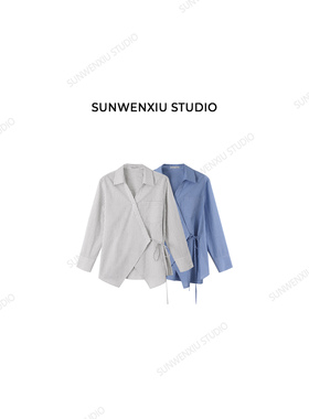 swx studio 斜襟衬衫 韩系智性极简设计感条纹棉麻衬衣417A