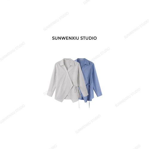 swx studio 斜襟衬衫 韩系智性极简设计感条纹棉麻衬衣417A