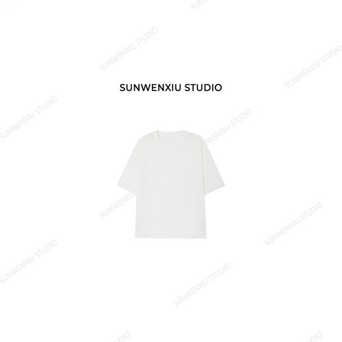swx studio 100%亚麻宽松白色蕾丝边拼接大版休闲T恤2256B