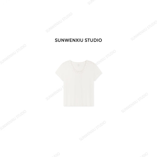 swx studio 花瓣领 天丝羊毛大领口显瘦极简基础纯色短袖T恤453B