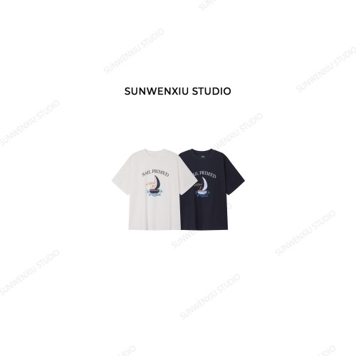 swx studio 启航T 索罗娜棉混纺字母数码印花宽松休闲T恤430B