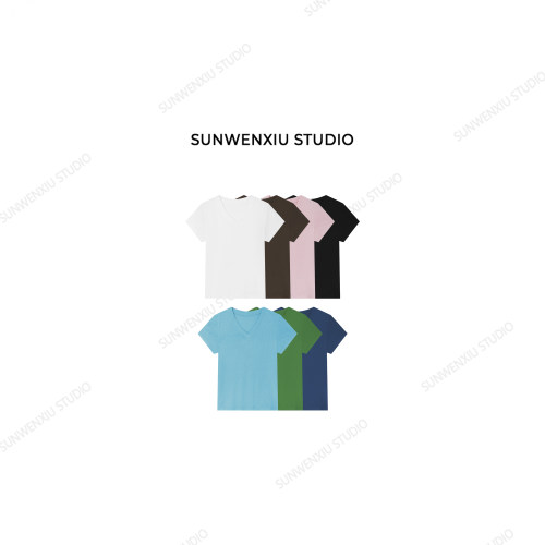 swx studio 百搭公式 显瘦基础休闲夏季多色V领修身款棉T恤481B