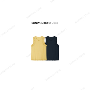 swx studio 俏皮感 韩系减龄亚麻天丝纯色木耳边无袖小衫上衣312A