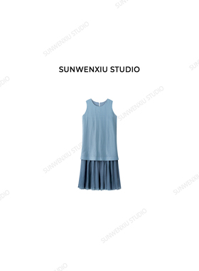 swx studio 蓝调 100%苎麻拼接设计感蕾丝花边长款连衣裙310C