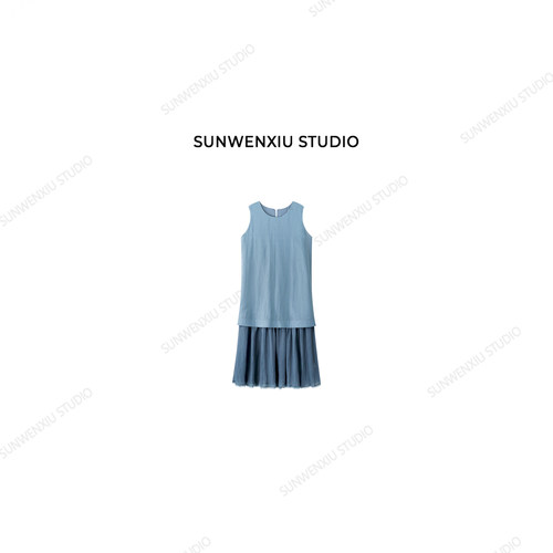 swx studio 蓝调 100%苎麻拼接设计感蕾丝花边长款连衣裙310C