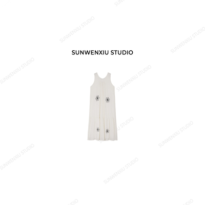 swx studio 海岛 莱赛尔苎麻刺绣镂空花朵简约无袖长款连衣裙432A