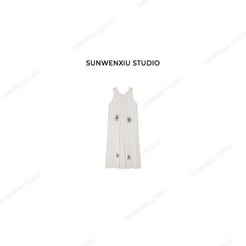 swx studio 海岛 莱赛尔苎麻刺绣镂空花朵简约无袖长款连衣裙432A