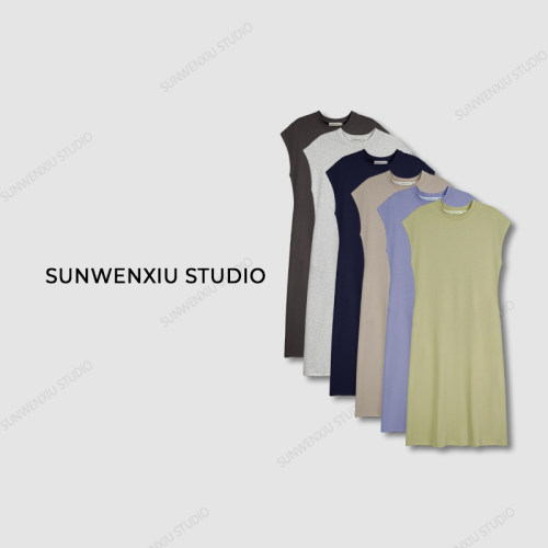 孙文秀studio奶皮子极简无袖显瘦休闲长款连衣裙纯色长裙简约修身