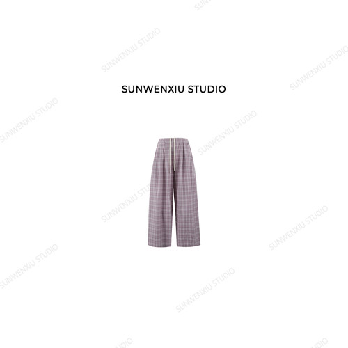 swx studio 全棉粉格裤 100%棉紫色日系复古松紧腰休闲裤1175B