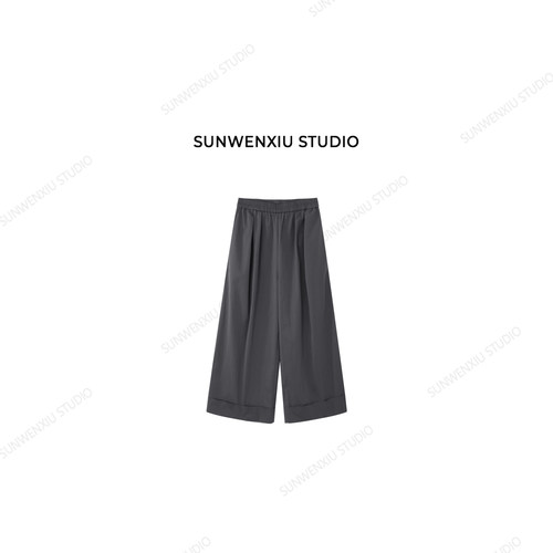 swx studio 灰色大肥腿 韩系极简休闲百搭松紧腰阔腿卷边裤329B