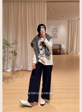 swx studio 趣味童心 早秋棉竹节肌理感复古卡通长袖T恤499A