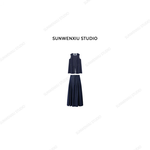 swx studio 典藏套装 牛仔无袖绑带开叉设计感伞裙套装282A