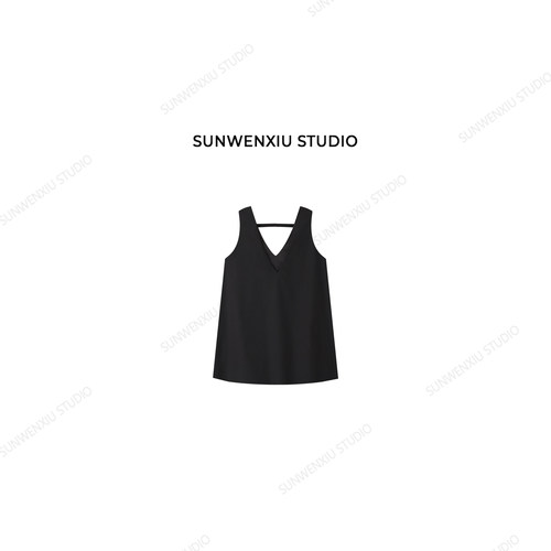 swx studio 学院生 设计感随意搭配黑色简约减龄无袖连衣裙287C