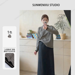 孙文秀STUDIO“小领条纹”亲肤柔软不扎肉圆领套头条纹针织毛衣