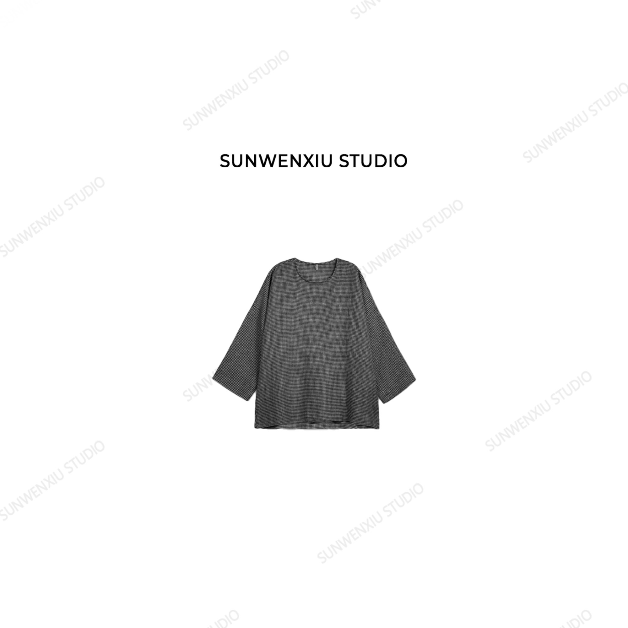 swx studio 心头好 100%亚麻色砂洗洗慵懒感小格子大衬衣1073A
