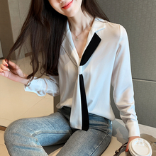 白色长袖 女潮 衬衫 新款 雪纺上衣女2019夏季 撞色蝴蝶结系带很仙