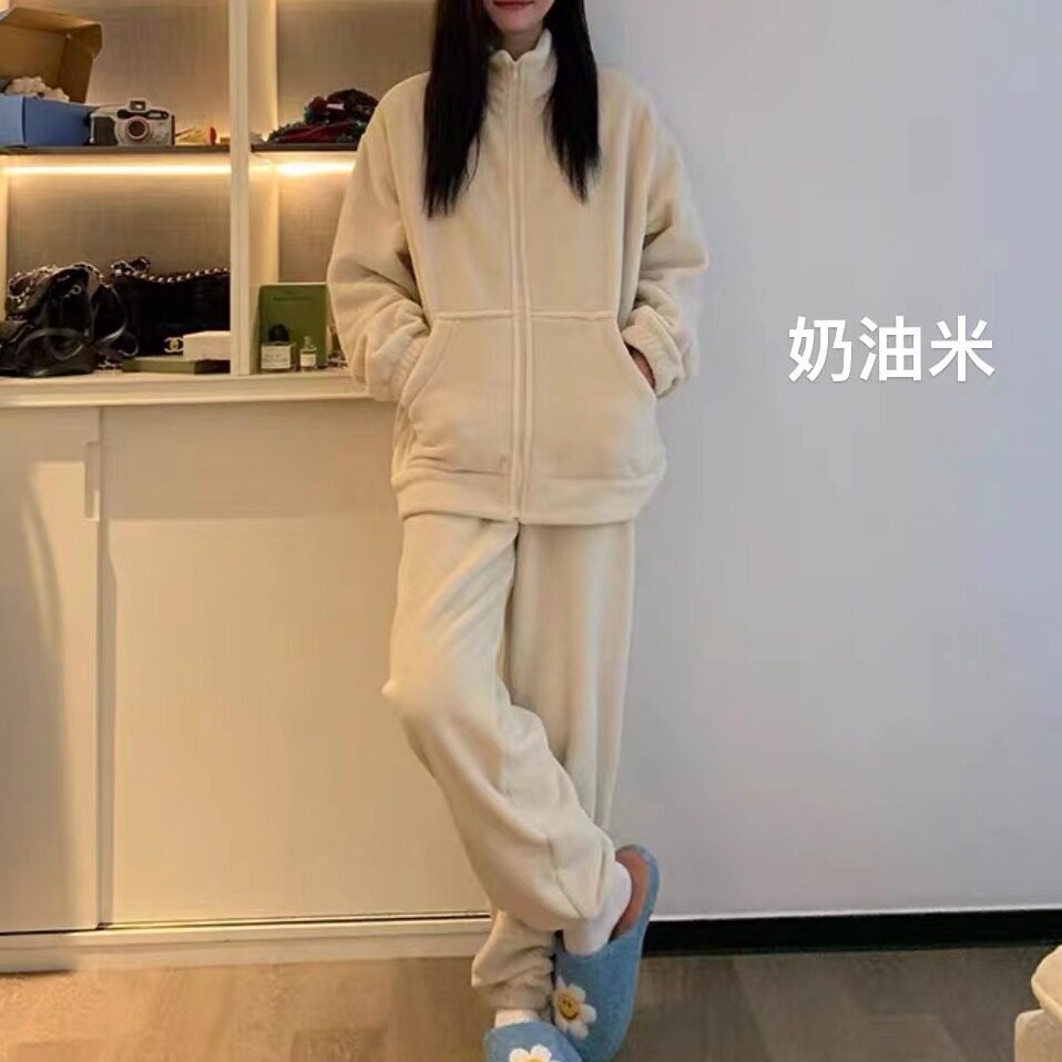 简约保暖家居服套装女秋冬双面加绒加厚睡衣冬季珊瑚绒长袖两件套